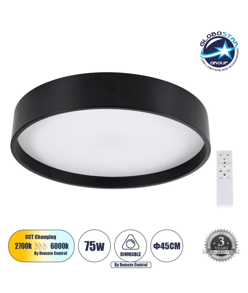 GLOBOSTAR® NARNIA 61257 Μοντέρνο Φωτιστικό Οροφής LED 75W 8625lm 120° AC 220-240V IP20 Ρυθμιζόμενο Λευκό CCT με Χειριστήριο από 2700K έως 6000K Dimmable - Lumileds SMD Chip - Μαύρο Ματ - Μ45 x Π45 x Υ8cm - 3 Χρόνια Εγγύηση